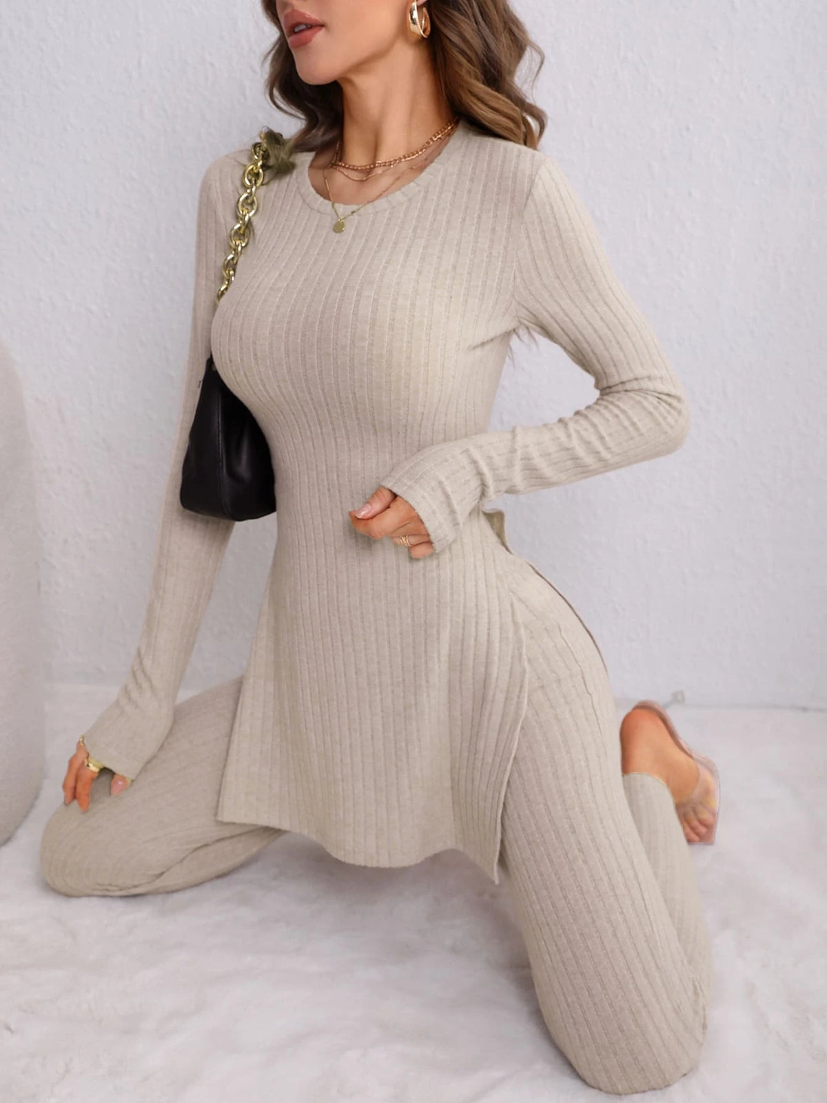 Solid Rib Knit Split Hem Tee & Leggings