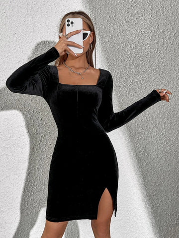 Square Neck Split Hem Velvet Bodycon Dress