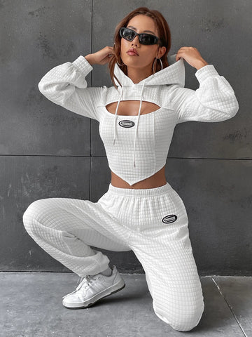EZwear Letter Patched Detail Cutout Drawstring Hoodie & Sweatpants