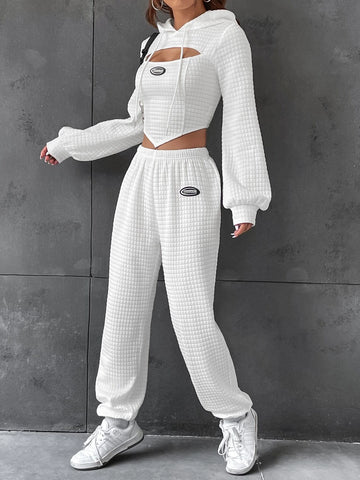EZwear Letter Patched Detail Cutout Drawstring Hoodie & Sweatpants