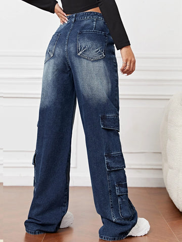 High Waist Flap Pocket Cargo Jeans