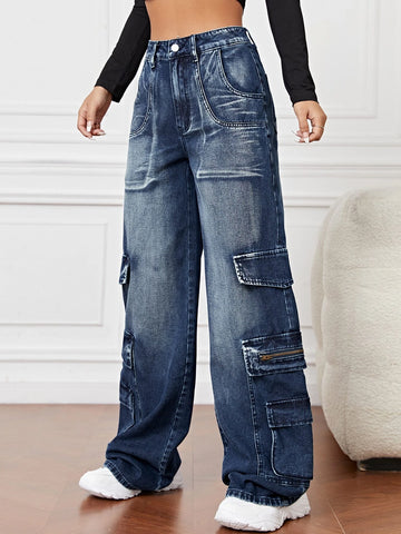 High Waist Flap Pocket Cargo Jeans