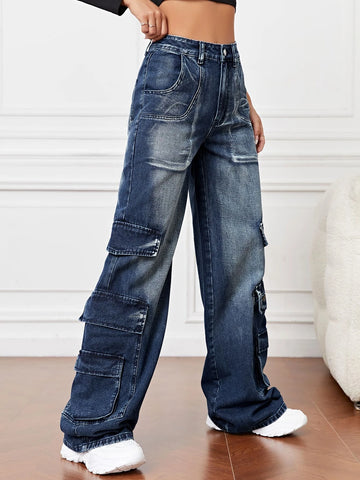 High Waist Flap Pocket Cargo Jeans