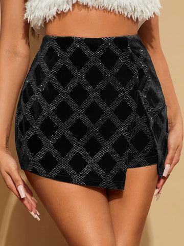 SXY Rhinestone Wrap Velvet Skort