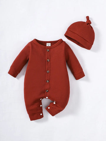 Newborn Baby Waffle Knit Jumpsuit & Hat