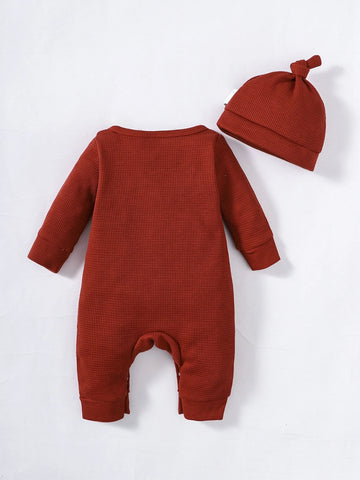 Newborn Baby Waffle Knit Jumpsuit & Hat