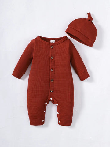 Newborn Baby Waffle Knit Jumpsuit & Hat