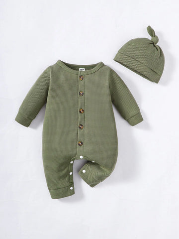 Newborn Baby Waffle Knit Jumpsuit & Hat