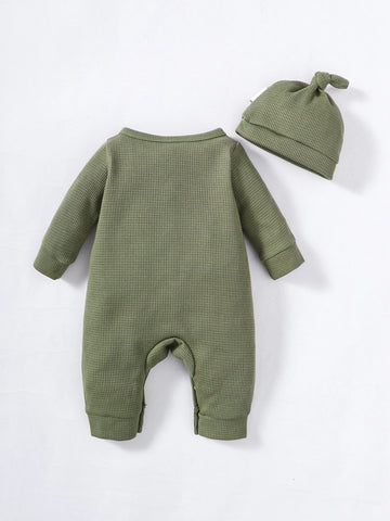 Newborn Baby Waffle Knit Jumpsuit & Hat