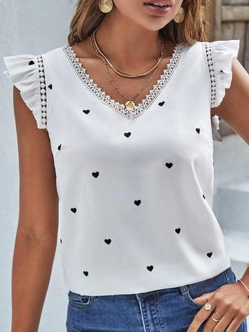 Heart Print Guipure Lace Detail Flutter Sleeve Blouse
