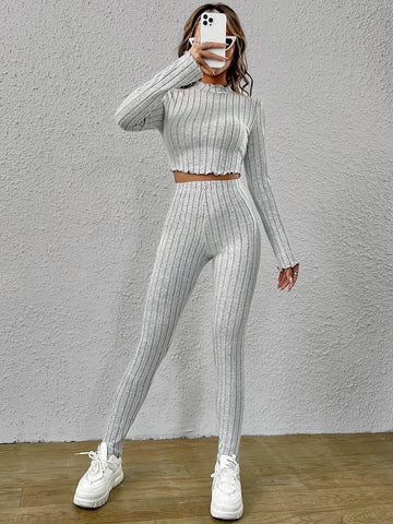 Mock Neck Lettuce Trim Crop Tee & Leggings