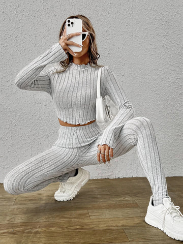 Mock Neck Lettuce Trim Crop Tee & Leggings