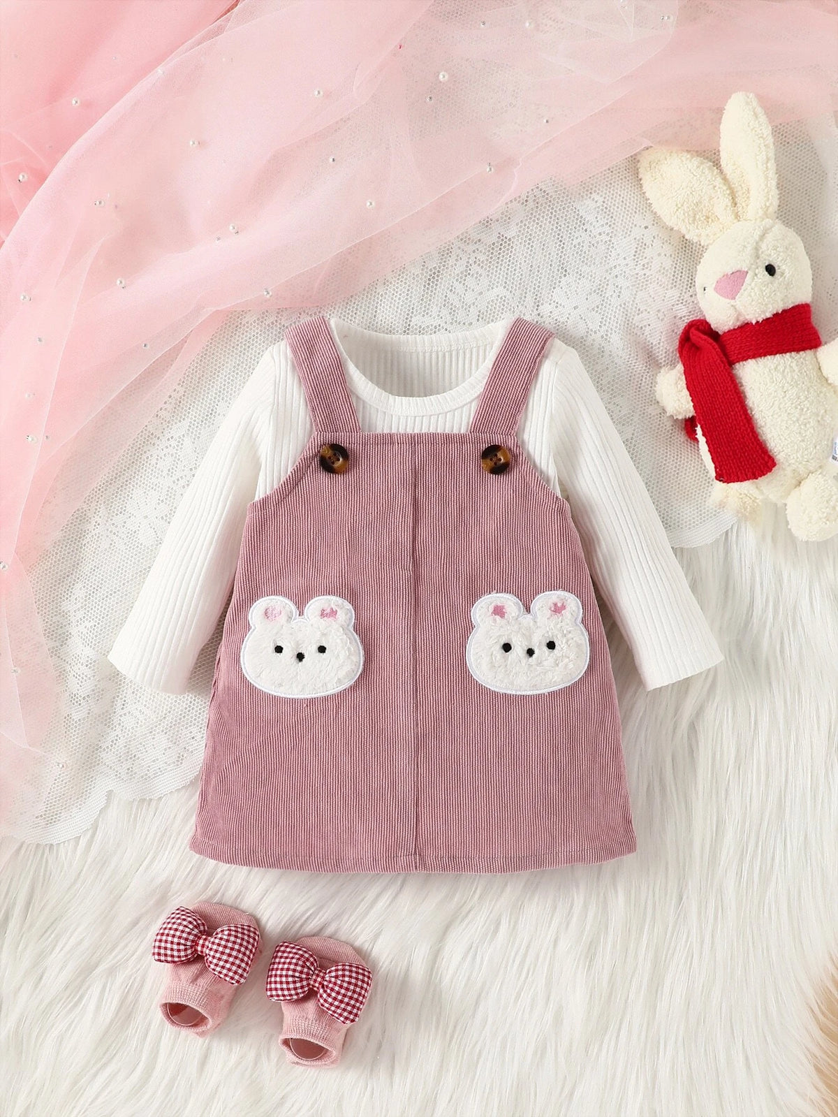 Baby Cartoon Patched Overall Dress & Top