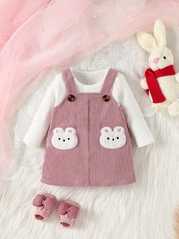 Baby Cartoon Patched Overall Dress & Top