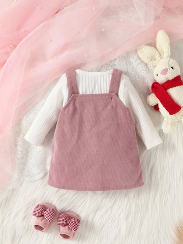 Baby Cartoon Patched Overall Dress & Top
