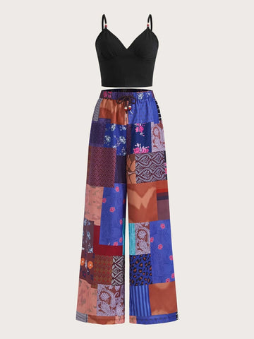 ROMWE Crop Cami Top & Patchwork Print Wide Leg Pants