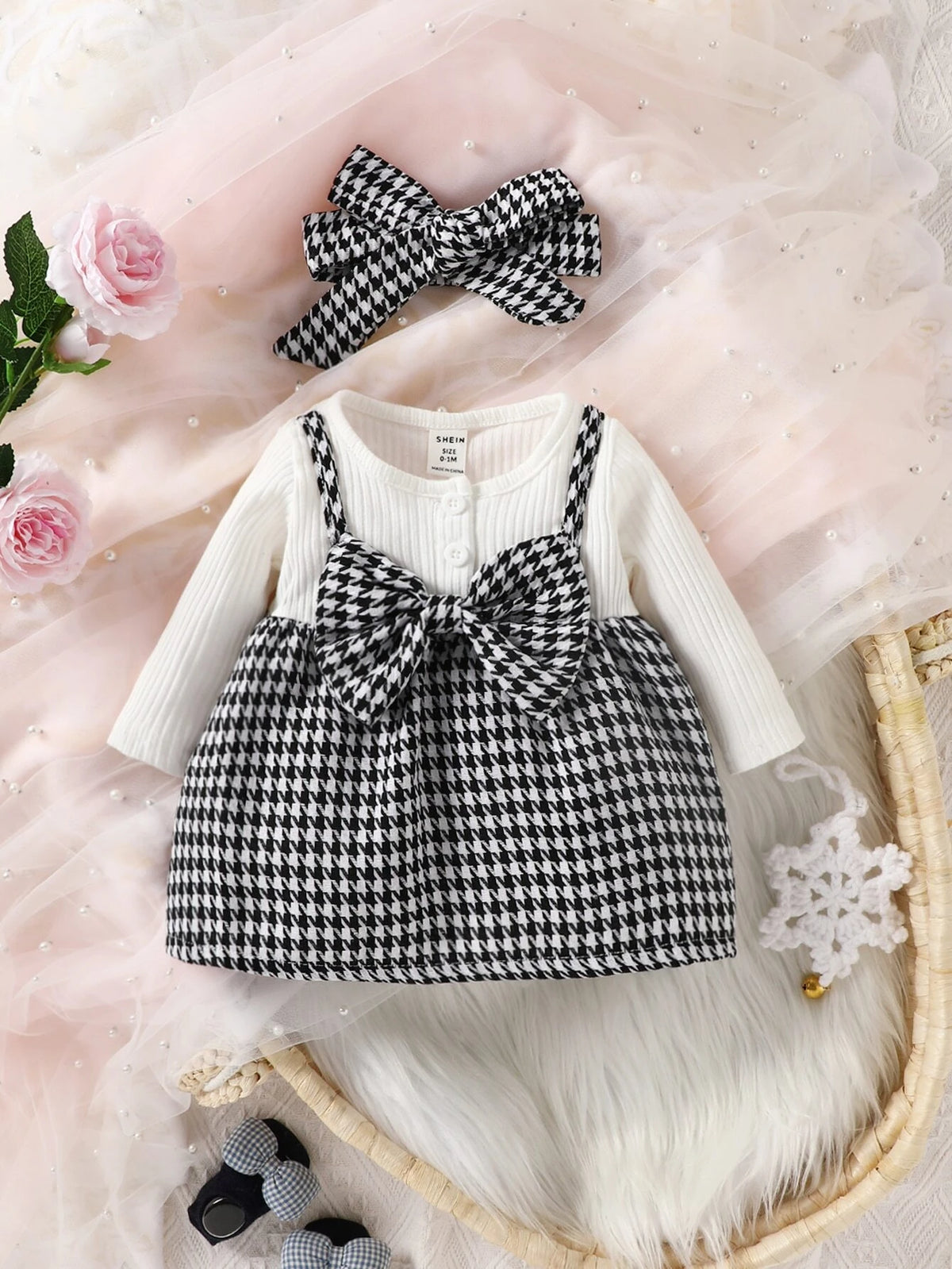 Newborn Baby Plaid Bow Front 2 In 1 Dress With Headband