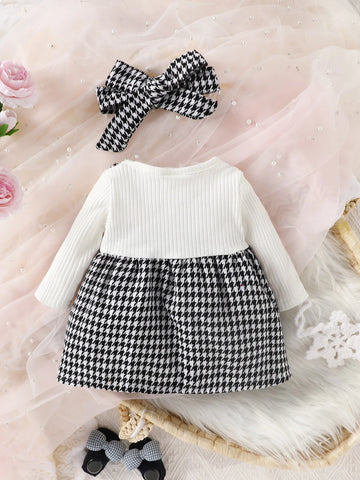 Newborn Baby Plaid Bow Front 2 In 1 Dress With Headband