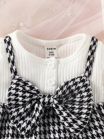 Newborn Baby Plaid Bow Front 2 In 1 Dress With Headband