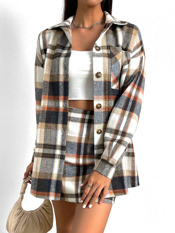 Plaid Print Drop Shoulder Shirt & Skirt