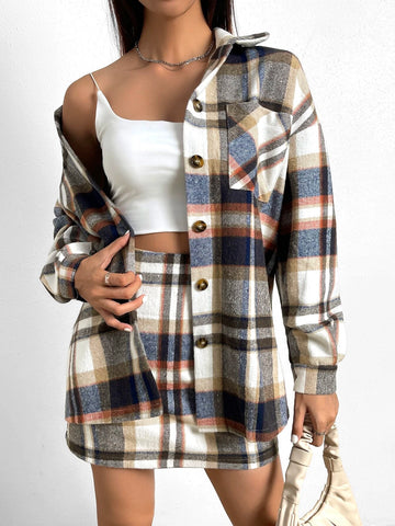 Plaid Print Drop Shoulder Shirt & Skirt