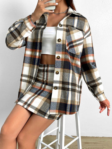 Plaid Print Drop Shoulder Shirt & Skirt