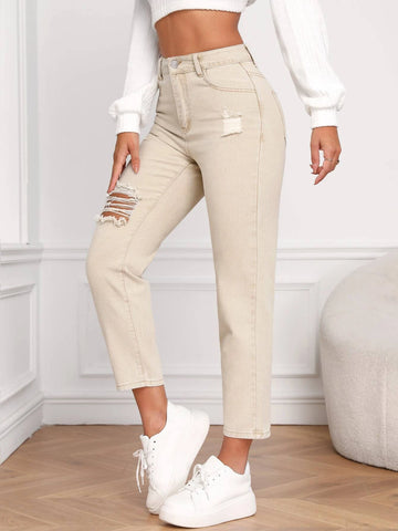 High Waist Ripped Mom Fit Jeans