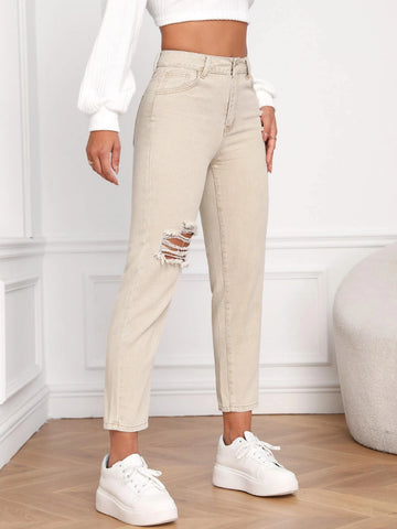 High Waist Ripped Mom Fit Jeans