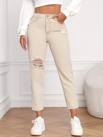 High Waist Ripped Mom Fit Jeans