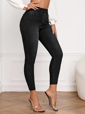 Button Fly Bleach Wash Skinny Jeans