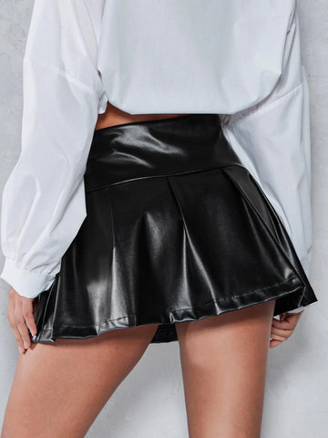 BAE High Waist Pleated PU Leather Skirt