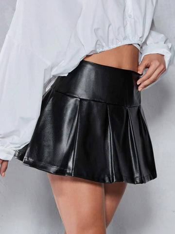 BAE High Waist Pleated PU Leather Skirt