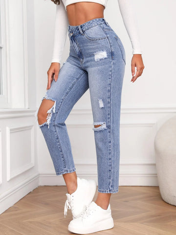 High Waist Ripped Mom Fit Jeans