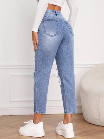High Waist Ripped Mom Fit Jeans