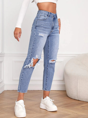 High Waist Ripped Mom Fit Jeans