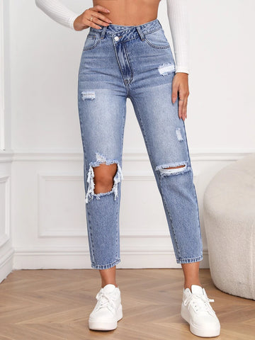High Waist Ripped Mom Fit Jeans
