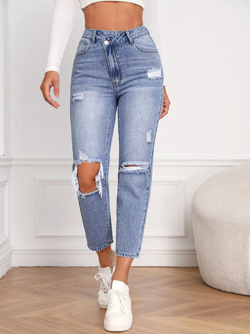 High Waist Ripped Mom Fit Jeans