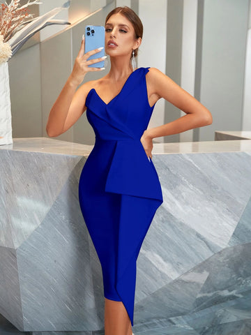 ADYCE Asymmetrical Neck Split Back Bodycon Dress