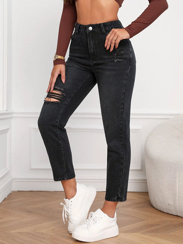 High Waist Ripped Mom Fit Jeans