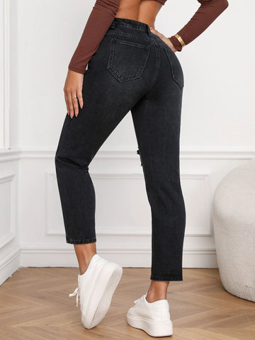 High Waist Ripped Mom Fit Jeans