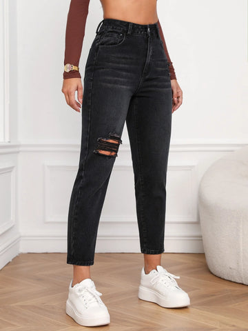 High Waist Ripped Mom Fit Jeans