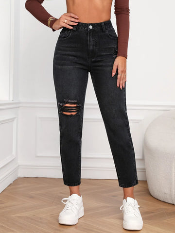 High Waist Ripped Mom Fit Jeans