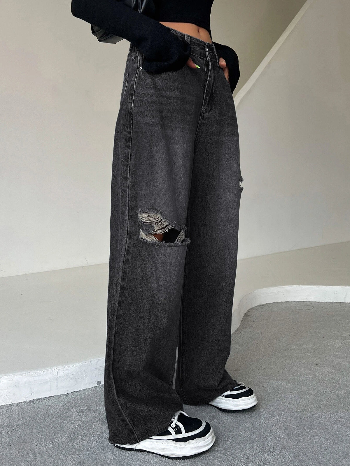 DAZY Ripped Raw Hem Cat's Whisker Washed Wide Leg Jeans