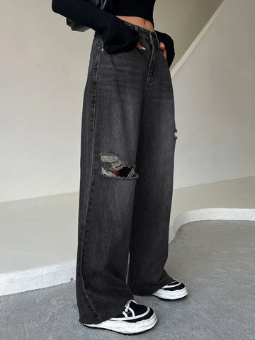 DAZY Ripped Raw Hem Cat's Whisker Washed Wide Leg Jeans
