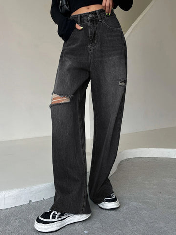 DAZY Ripped Raw Hem Cat's Whisker Washed Wide Leg Jeans