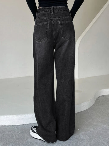 DAZY Ripped Raw Hem Cat's Whisker Washed Wide Leg Jeans