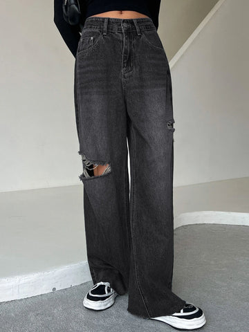 DAZY Ripped Raw Hem Cat's Whisker Washed Wide Leg Jeans