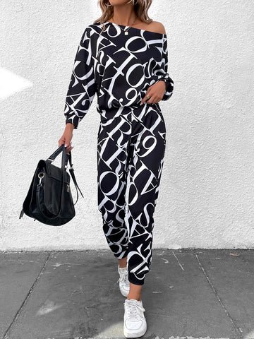 Allover Letter Print Asymmetrical Neck Batwing Sleeve Sweatshirt & Sweatpants