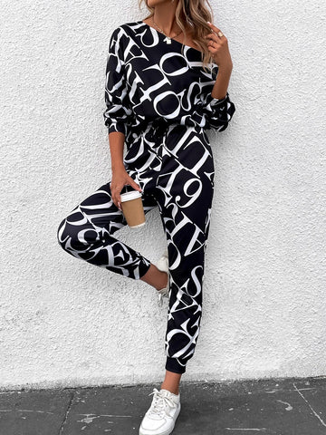 Allover Letter Print Asymmetrical Neck Batwing Sleeve Sweatshirt & Sweatpants