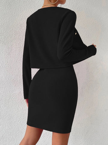 Solid Cami Bodycon Dress & Button Front Jacket